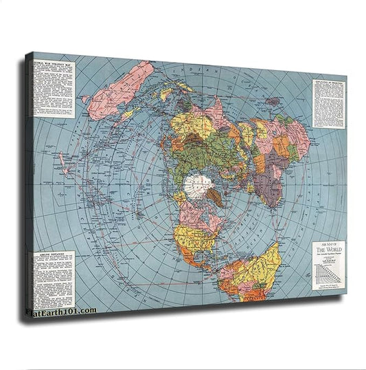Flat Earth Map of The World Model - 1943 Polar Azimuthal Equidistant Projection Map Art Poster Room Aesthetic Wall Art Canvas Decoration Home Decor Gifts (08x12inch Framed)