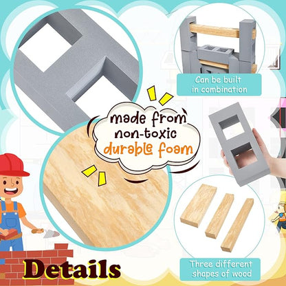 Deekin 25 Pcs Foam Brick Building Blocks and 12 Pcs Wooden Beam Foam Thick Cinder Blocks Large Fake Brick Builders Set for Construction and Stacking(Gray)