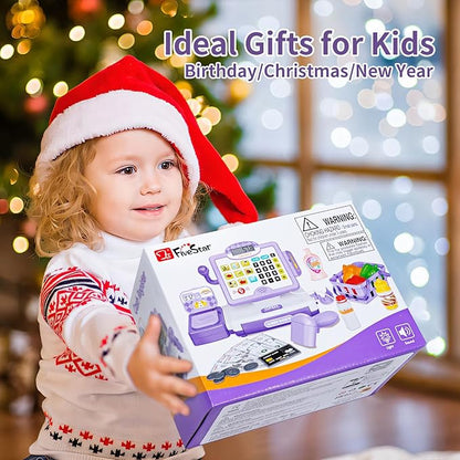 FS Pretend Play Cash Register Toy Preschool Gift for Kids, Classic Count Toy with Sound, Microphone, Scanner, Credit Card, Play Food for Boys & Girls, 57 Pieces Play Set, Ages 3 4 5 6 7, Purple