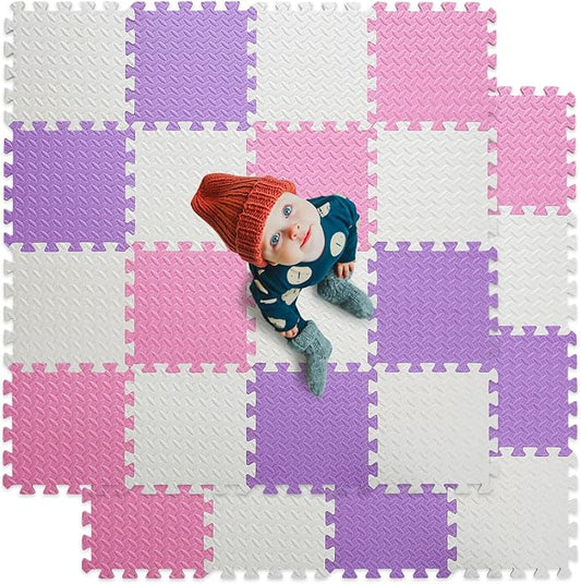 Foam Floor Mats for Kids, 12 x 12 Inch 16 Tiles 0.4" Thickness Foam Play Mat, Non-Toxic Square Interlocking Floor Mats Rubber Baby Play Mat for Toddlers(White/Pink/Purple)