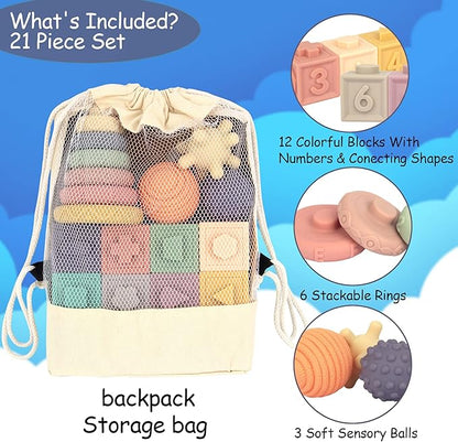 21PCS Montessori Toys for Babies,Teething Toys for Babies Months, 6 Months+, Early Educational Learning Stacking Tower, Sensory for Toddlers 1-3, Soft Rings Stacker & Teethers