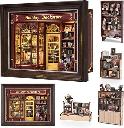 Book Nook Kit-3D Wooden Puzzle with LED Switch Control & Wall-Mountable Frame,DIY Miniature House for Beginners,Bookshelf/Tabletop/Wall Decor for Craft Lovers,Dollhouse Gift,Holiday Bookstore