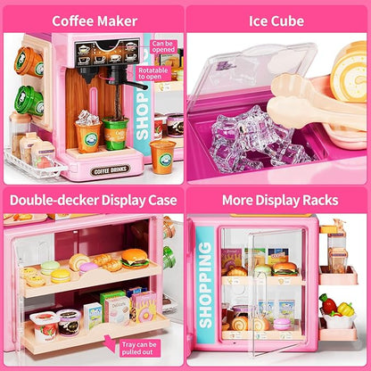 Toddler Toy Grocery Store, Supermarket Playset with Touch Voice Cash Register, Scanner, Coffee Maker, Play Food, Play Money, Pretend Play Toys for Toddlers Kids Birthday (Pink)