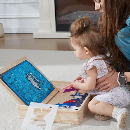 4-in-1 Wooden Sensory Toys with Storage Box, Activity Board for Children with Autism, Double Side Playing Board, Sensory Sequin Flip Panel, Educational Puzzles for Kids, Calm Down Corner