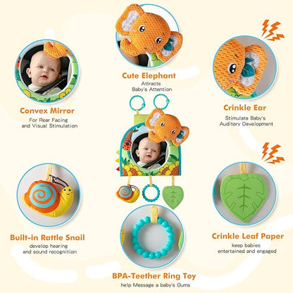 Car Seat Toy, Baby Car Mirror Toy for Rear Facing, Travel Baby Activity Center with Hanging Engaging Toys for Infants Babies 0-6-12-18 Months Boy Girl