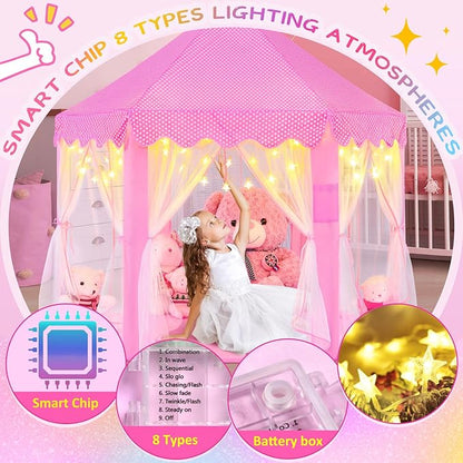 EVOIONOS Princess Tent with Lights and Rug, Play Tent for Girls, Kids Tent Indoor and Mat, Princess Castle Playhouse Tent for Girls, Pink Girls Tent for Toddlers, 55 x 53 inch Toy Tent