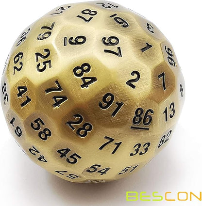 Bescon Solid Metal 100 Sided Dice, Game Dice D100, Giant Polyhedral Metal 100 Sides Dice 50MM in Diameter (1.97in), Ancient Brass