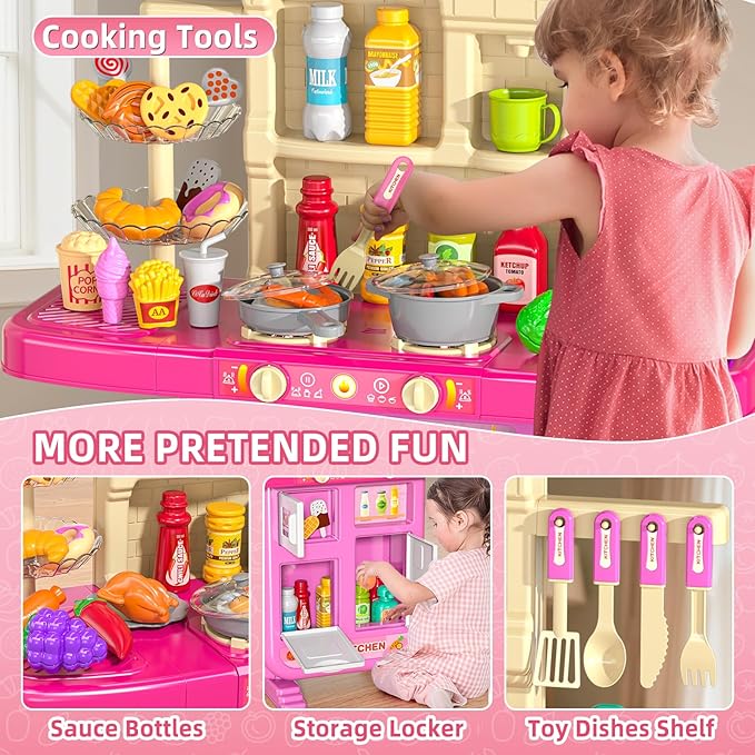 36 in Kids Kitchen Playset for Ages 2-6 4-8, Play Kitchen with Light, Sound and Spraying, Sink Toy Accessories, Cooking Stoves, Pretend Food Toys for Toddlers 1-3 3-5 Boys Girls 6-12 (Pink)