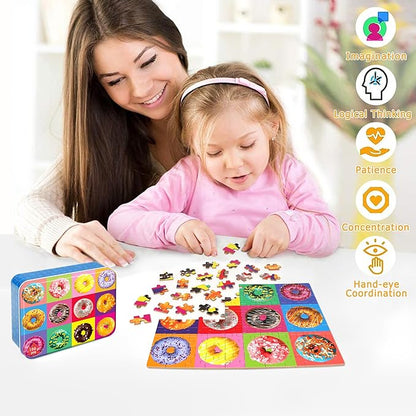 LELEMON Puzzles for Kids Ages 4-6,Donut 100 Piece Puzzles for Kids in a Metal Box, Educational Jigsaw Puzzles 100 Piece Puzzle Games Puzzle Toys for Girls and Boys
