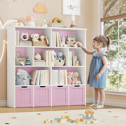 FINETONES Toy Storage Organizer, Kids Bookshelf with 4 Movable Chests and 7 Storage Cubes, Toy Chest Storage with Hidden Wheels, Toy Organizers and Toy Storage, Pink