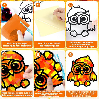 QOUBAI 32 Sets Fall Owl Suncatchers Craft Kit DIY Window Stained Glass Effect Autumn Owl Paper Crafts Home School Classroom Decoration Kid Birthday Gift Creative Art Project Activity Game