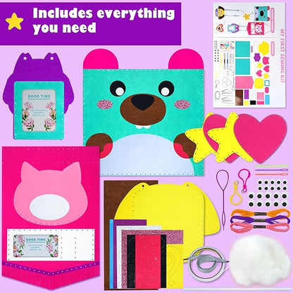 Aimiffy Kids Sewing Kit for Girls - Beginner Arts & Crafts,Make 6 Projects of Animal Knitting Kit for Beginners Arts and Crafts,Birthday Gifts for Girl 5-12 Years, Toddler Learn to Sew and Embroidery