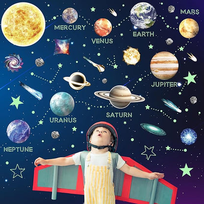 Glow in The Dark Stars and Planets for Ceiling, Robmoda Glow Solar System Wall Stickers, Space Wall Decals for Kids Boys Room (Green)