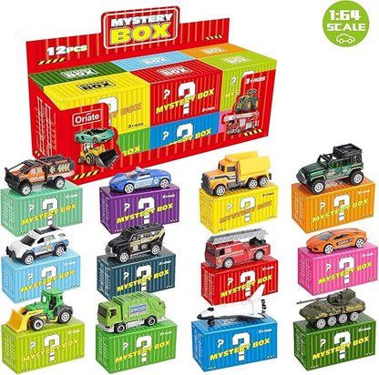 Oriate Diecast Toy Cars Set for 3 4 5 6 7 8 Year Old Boys, 12 Pack Mini Metal Cars 1/64, 12 Theme in one Set Blind Box Edition- Include Farm, Space Ship, Truck for Children Birthday Party Decor Gifts