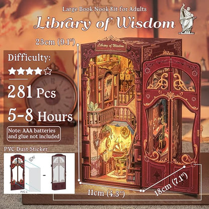 Fsolis Book Nook Kits, DIY Miniature House Kit 3D Puzzles for Adults Tiny House Mini Craft Bookshelf Nook Decor Gifts for Women Teenagers Book Lovers (Library of Wisdom)