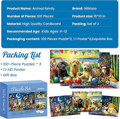 3-Pack 100 Piece Puzzles for Kids,Dogs Foxes Animals Puzzle for Kids Age 4-6 6-8 8-10,Unique Large Piece Jigsaw Puzzle,Recycled Paper,Bright & Colorful Educational Puzzle,Boys Girls Gift for Birthday