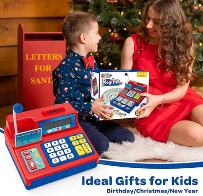 Calculator Cash Register - 103 Pcs Toy Cash Register, Microphone, Credit Card and Banking for Kids, Early Math Skills Toys Gifts for 3, 4, 5, 6 7 8+ Years Old Boys Girls