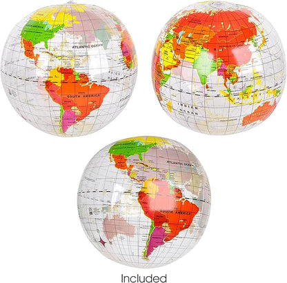 ArtCreativity Inflatable World Globe Ball Set Set of 6 Print Blue and Clear - Colorful Earth Map, 16 Inch Inflatable Beachball for Pool, Summer Fun Toys for Kids, Learning and More