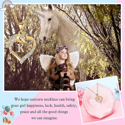 Hidepoo Unicorn Necklace Gifts for Girls - 14K-Gold-Plated Colorful CZ Heart Necklace Girls Jewelry Initial Unicorn Necklaces for Girl Birthday Gifts