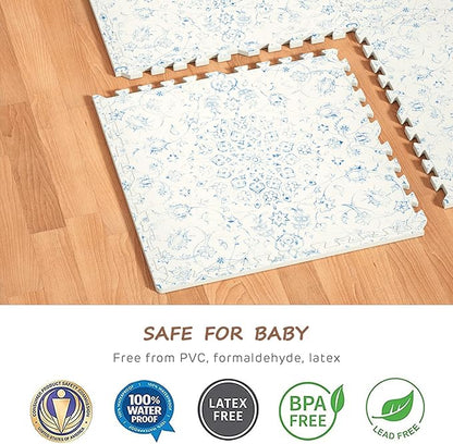 Extra Large Baby Play Mat - 4FT x 6FT Non-Toxic Foam Puzzle Floor Mat for Kids & Toddlers (Persia Handmade Pattern, Blue and White)
