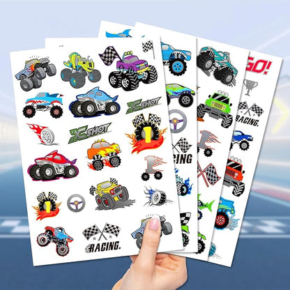 75 PCS Truck Temporary Tattoos for Kids, Groovy Metallic Styles Tattoos for Truck Wheels Birthday Party Supplies Racing Car Checkered Flag Trophy Flame Fake Tattoo Stickers for 5 6 7 8 Years Old Boys