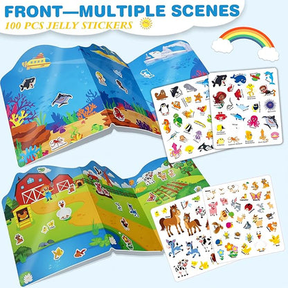 Reusable Jelly Sticker Books for Toddlers, 3D Waterproof Sticker Books, Travel Toys Activity Crafts Gifts for Kids, Farm Animals, Ocean Wrold