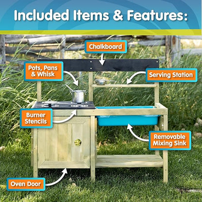 TP Toys Mud Play Kitchen For Kids - Indoor, Outdoor Wooden Toy Toddler Kitchen Playset with Accessories, Durable, Weatherproof, Removable Sink, Chalkboard, Wood Burner Stencils, Easy Assembly, Ages 3+