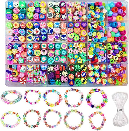 Bracelet Making kit, 1000pcs Polymer Clay Beads Bracelet Making kit, 24 Styles Fruit, Flower, Cake, Butterfly, Necklace, Earrings, DIY Bracelet Making kit Accessories for Women