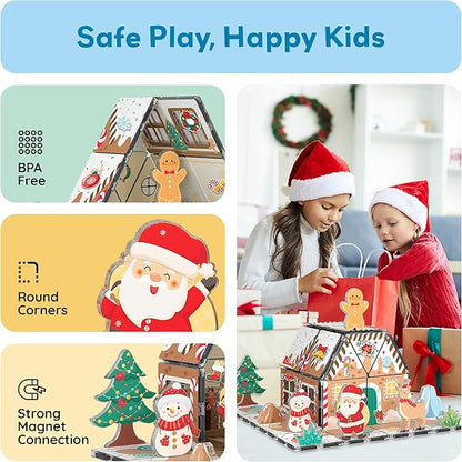 PicassoTiles Magnetic Tiles Gingerbread House Holiday Character Action Figures Santa, Snowman, Deer Winter Theme Construction Kit Magnet Building Blocks STEM Learning Gifts Toddler Toys Ages 3+ PTQ09