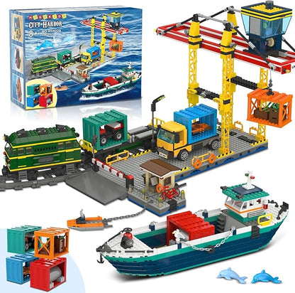 HOGOKIDS City Wharf Building Set with Crane - Includes Ship Train Truck, 4 Containers with Cargo Harbor Building Blocks | Large Construction Toy for for Adults Teens Kids Girls Boys 6-14+（1373PCS）