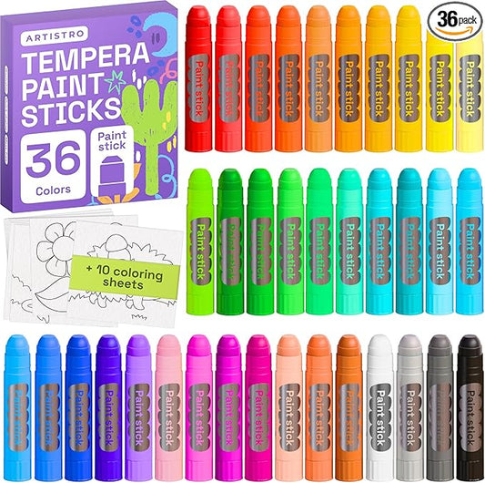 ARTISTRO 100% Washable Tempera Paint Sticks for Kids - 36 Non-toxic Paint Markers for Kids - Color Sticks with Twist Design, Coloring Pages Included