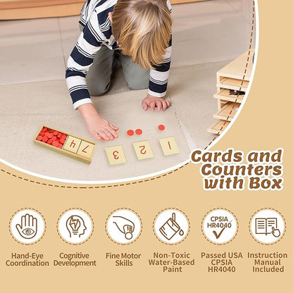 Montessori Wooden Math Counters with Number Cards & Chips 1-10 for Kids 3+ Years Old, Montessori Cards & Counters with Storage Box for Toddlers Math Learning, Preschool Math Toys for Classroom