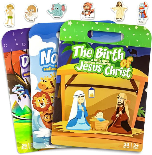 3 Pack Reusable Sticker Books for Kids, Waterproof Puffy Stickers - Match and DIY Scene, Toddler Travel Essential Activities Toys - Christianity Jesus, Noah's Ark and Fairy Tales (2-6 Age)