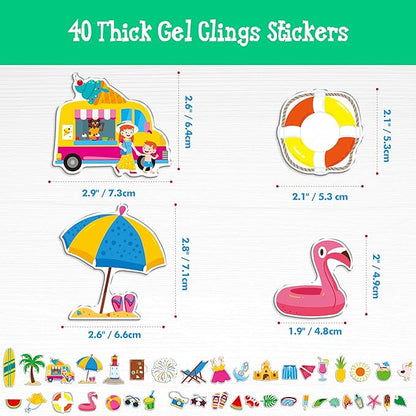 40PCS Reusable Jelly Stickers, Waterproof Summer Beach Window Cling Stickers for Toddlers, Removable Easy to Clean Gel Decals for Kids, Adults, Home & Classroom Decors, Travel Toy (Not Edible)