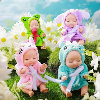 Hanaive 4 Pcs 4 Inch Mini Baby Dolls Lifelike Realistic Baby Dolls Animal Clothes Cute Tiny Gifts for Kids Birthday Party(Robe Style)