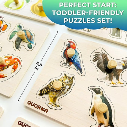 QUOKKA Wooden Puzzles for Toddlers 1-3 – 6 Pegged Puzzles for Kids Ages 2-4 – Animal and Fruits Learning Toy for Kids – Gift Realistic Educational Game for Boy and Girl