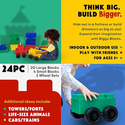 BiggoBlocks Big Blocks for Kids Ages 4-8 — Indoor & Outdoor Blocks for Kids Games — Large Building Blocks (24 pc with 2 Cars) Big City Set
