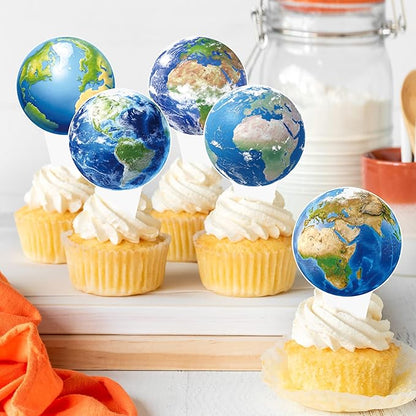 48pcs Earth Globe Cupcake Toppers Earth Day Party Decorations Globe World Map Theme Cake Cupcake Picks for Travel Around The World Birthday Party Earth Day Baby Shower Supplies