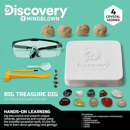 Discovery™ Big Treasure Dig STEM Kit – 23-Piece Excavation Set for Kids| Dig for 15 Gemstones, 4 Crystal Geodes & Pyrite Nuggets| Real Tools| Educational Geology Toy| Science Activity Gift| Ages 8+
