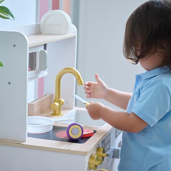 Teamson Kids Little Chef Lake Tahoe Smart Play Kitchen with Washing Machine, Oven, Microwave & Ample Storage, Neat & Compact Healthy Play for Age 3+, White