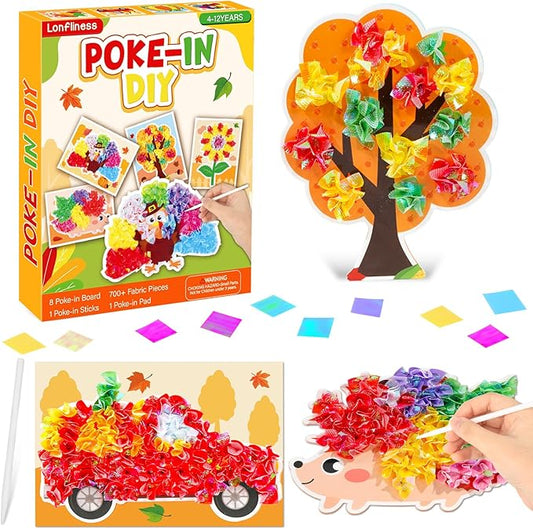 8PCS Poke-in Craft Art Kit Kids Fall Thanksgiving No-Mess Fabric Sewing Girl Boy 4-12 Puzzle Puncture Painting DIY Turkey Pumpkin Fall Harvest Toy Gift Creative Activity Game Birthday Party