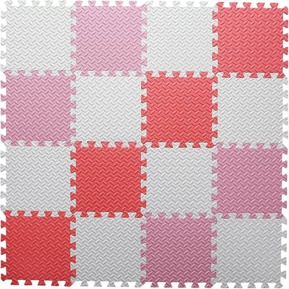 Foam Play Mat for Baby, 0.4 Inch Thick Foam Interlocking Floor Mats, Soft Non-Toxic Baby Playmat, Solid Colored Puzzle Play Mat Kids Floor Mats, 16 Tiles, White/Pink/Red