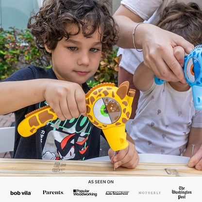 Handy Famm Real Metal Yellow Giraffe Hammer for Kids, Patented Safety Mouth Sleeve and Nail Remover, STEM DIY Tool for Children Ages 5 and Up