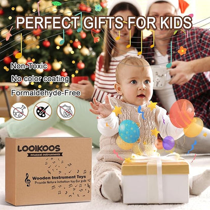 LOOIKOOS Toddler Musical Instruments Montessori Natural Wooden Percussion Instruments for Kids Preschool Educational Musical Toys Set for Boys and Girls with Storage Bag