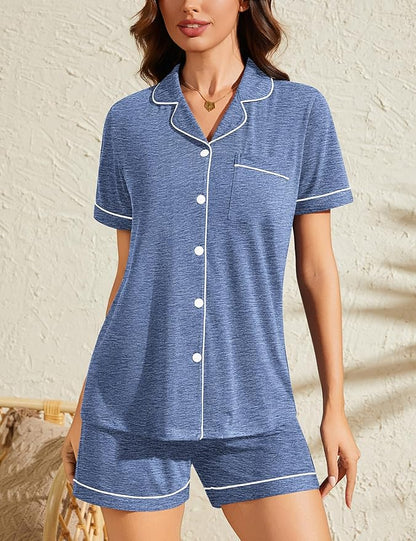 SWOMOG Womens Button Down Pajamas Set Short Sleeve Sleepwear Bride Soft Pj Lounge Sets XS-3XL