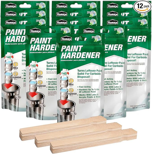 Homax Waste Away Paint Hardener, 12 Packs, 3.5oz - Fast Acting Solidifier for Disposal - Drying Powder for Acrylic & Latex With 25 Pcs. of 14 Inch Wooden Stir Sticks