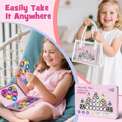 42-Piece Glitter Magnetic Tiles Travel Set with Pink Metal Box - Portable STEM Building Blocks for Kids Ages 3-8 Boys & Girls STEM Montessori Educational Toys for Airplane Car Rides