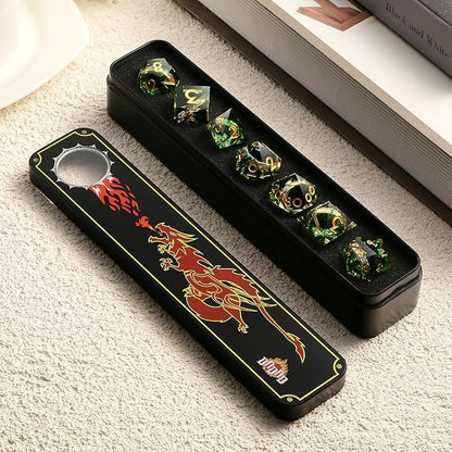 DNDND Magic Lord Rings DND Dice Set with Gift Case 7-Piece Resin Sharp D&D Dice Set with Golden Rings for RPG Dungeons & Dragons Tabletop Game (Green)
