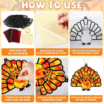 32 Sets Thanksgiving Turkey Suncatchers Craft Kit DIY Window Stained Glass Effect Thanksgiving Turkey Paper Crafts Home School Classroom Decoration Kid Birthday Gift Creative Art Project Activity Game