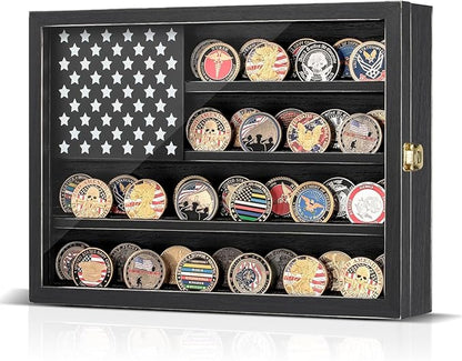 Challenge Coin Display Case, Lockable Solid Wood Military Coin Holder Cabinet with Star Flag Board and Anti-Fade Acrylic Front, Wall Mounted 4-Tier Coin Collection Shadow Box Rack (Black)